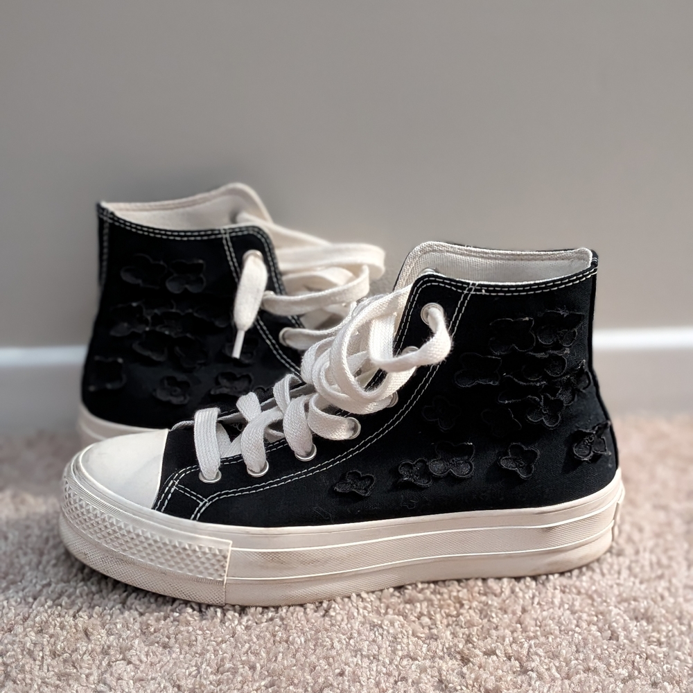 Floral Black and White High-Top Sneakers